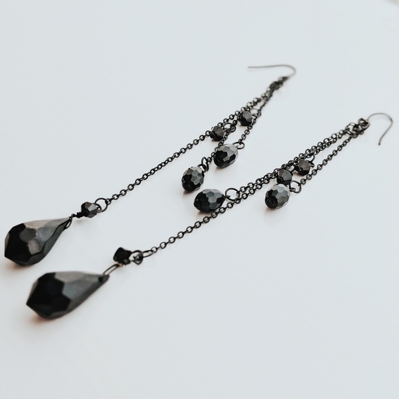 Black Glass Bead Triple-Chain Drop Earrings – Extra Long, Elegant, Formal - Picture 4 of 5